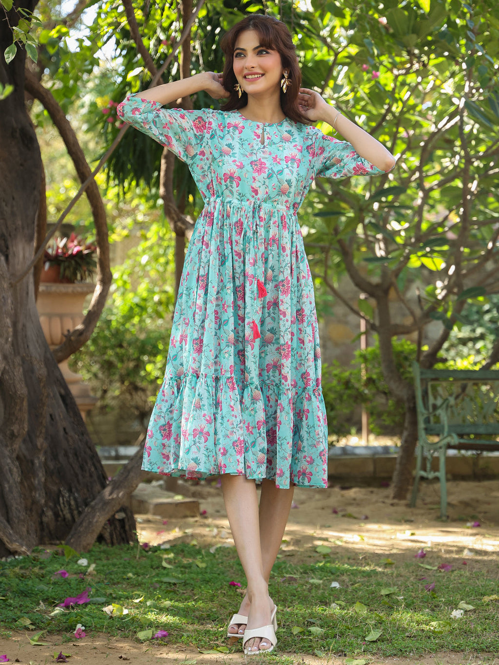 Janasya Bright Georgette Floral Tiered Dress - Distacart