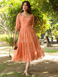 Janasya Bright Georgette Floral Tiered Dress - Distacart
