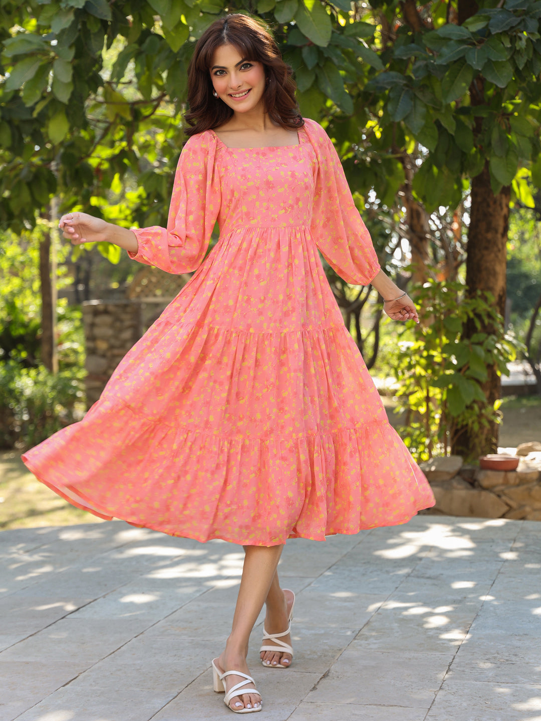 Janasya Light Georgette Floral Tiered Dress - Distacart