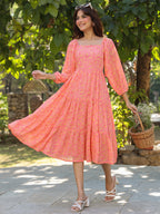Janasya Light Georgette Floral Tiered Dress - Distacart