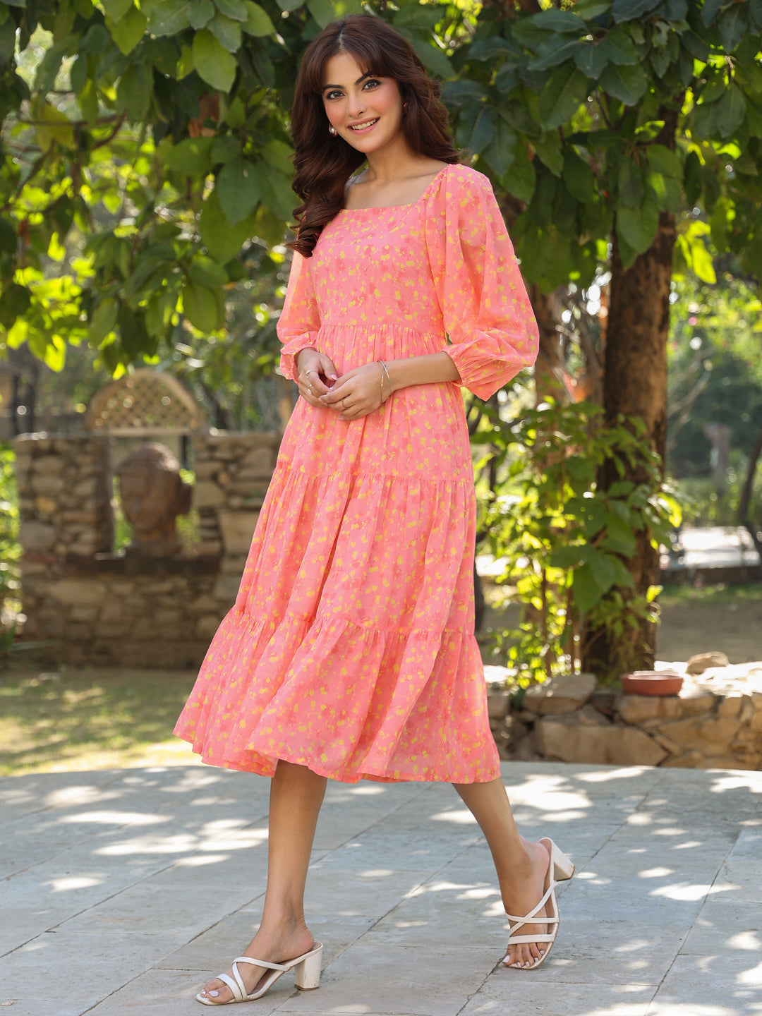 Janasya Light Georgette Floral Tiered Dress - Distacart