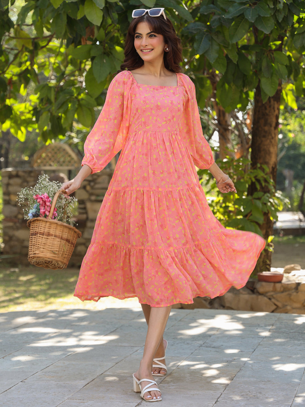 Janasya Light Georgette Floral Tiered Dress - Distacart