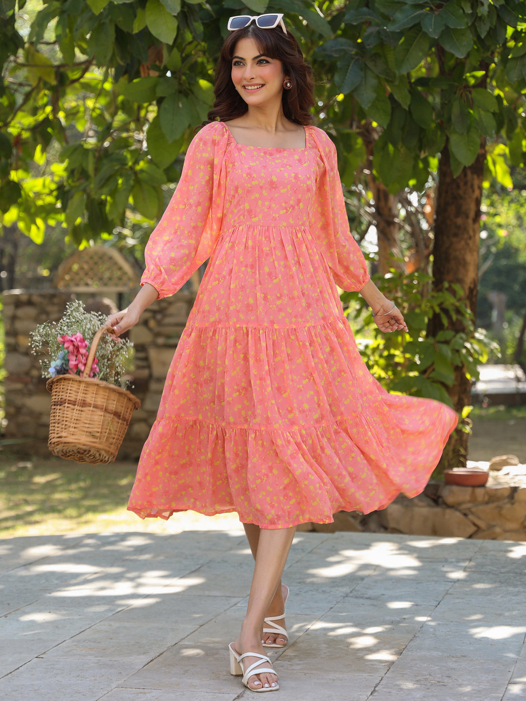 Janasya Light Georgette Floral Tiered Dress - Distacart