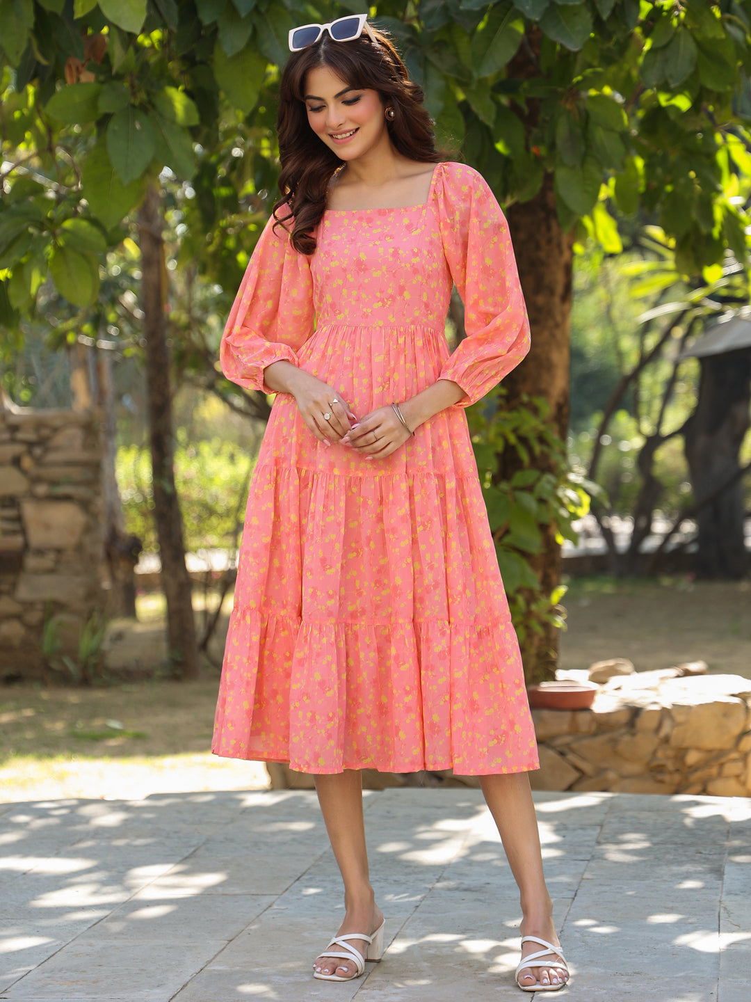 Janasya Light Georgette Floral Tiered Dress - Distacart