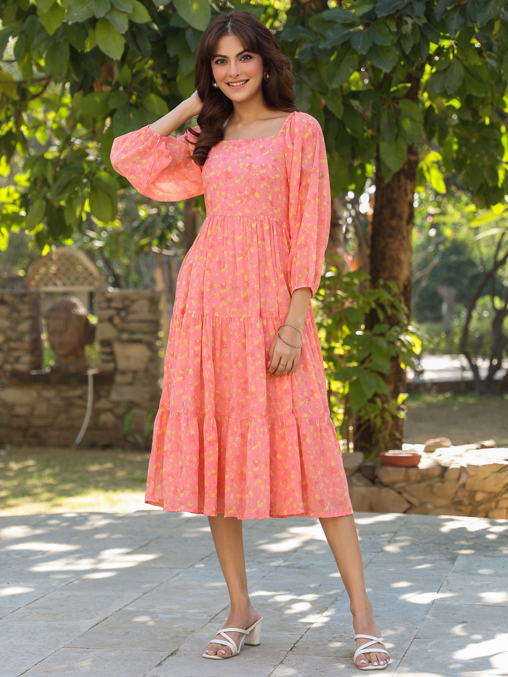 Janasya Light Georgette Floral Tiered Dress - Distacart