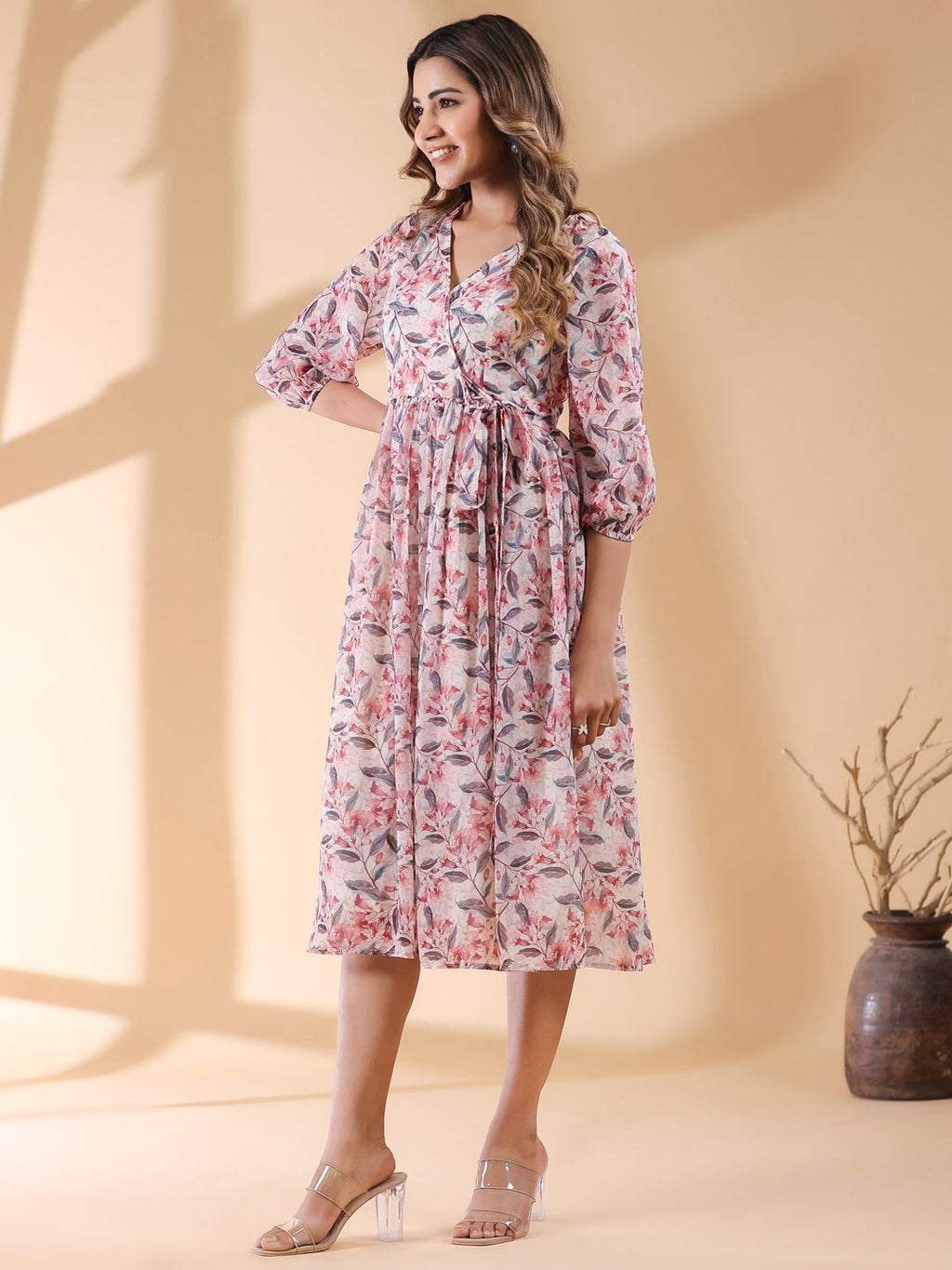 Janasya Light Georgette Floral Wrap Dress