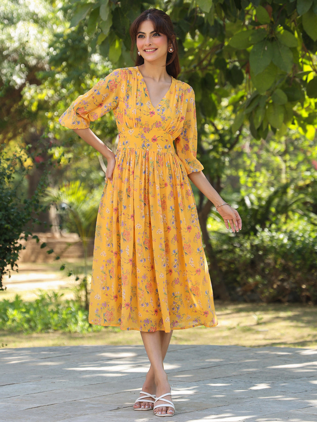 Janasya Bright Georgette Floral Gathered Dress - Distacart