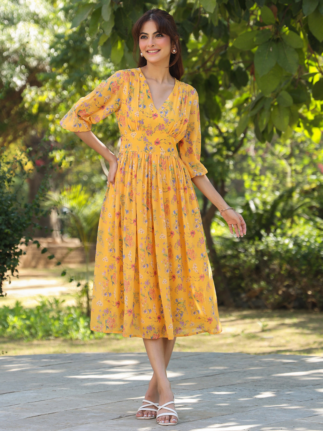 Janasya Bright Georgette Floral Gathered Dress - Distacart