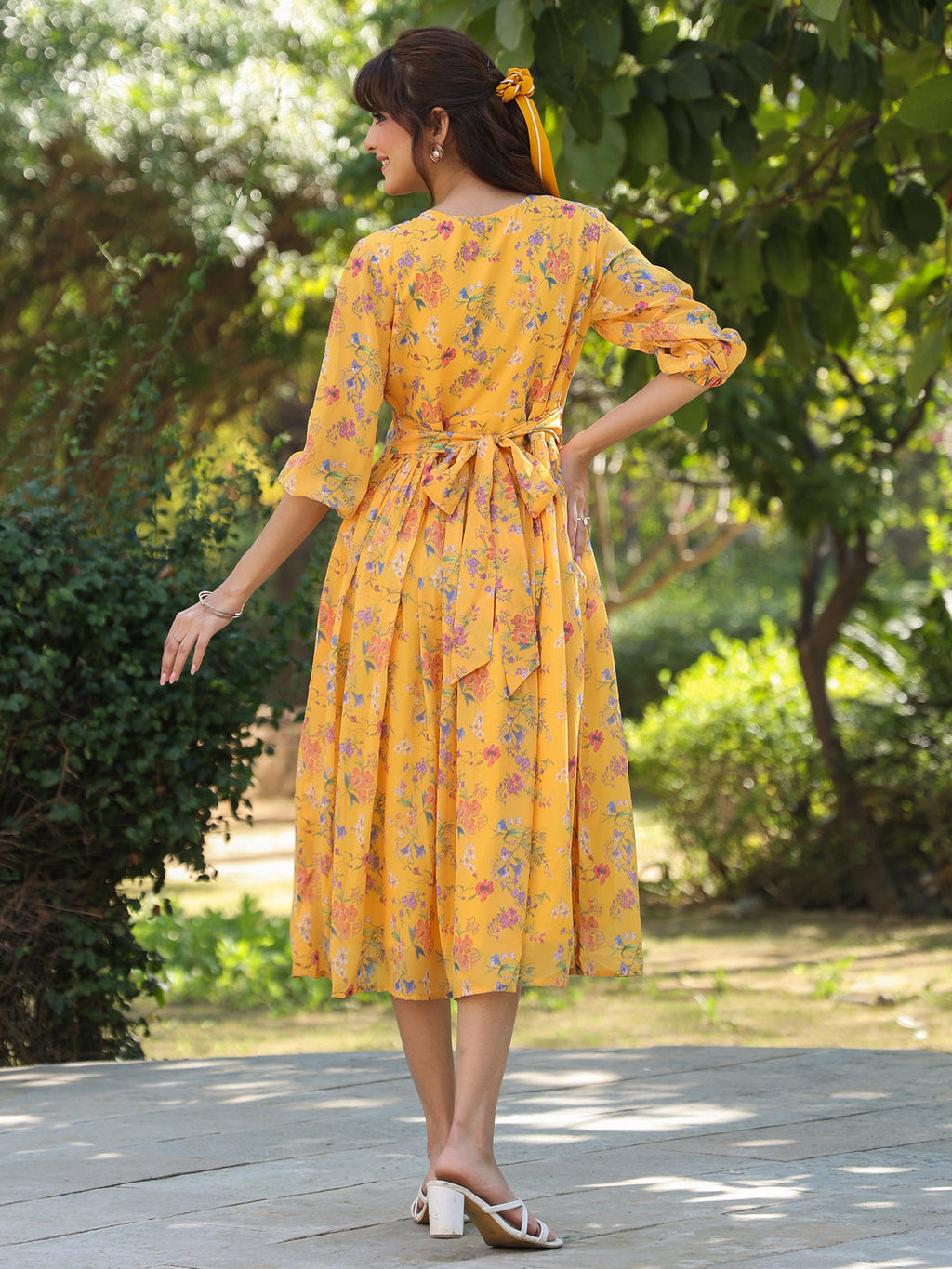 Janasya Bright Georgette Floral Gathered Dress - Distacart