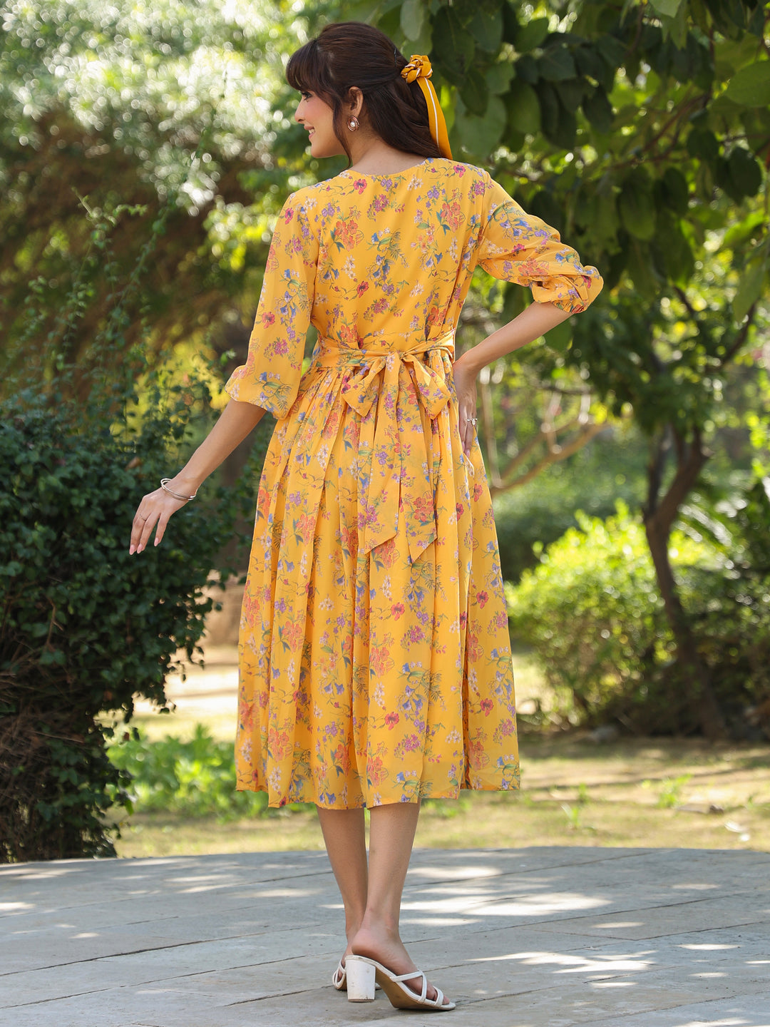 Janasya Bright Georgette Floral Gathered Dress - Distacart