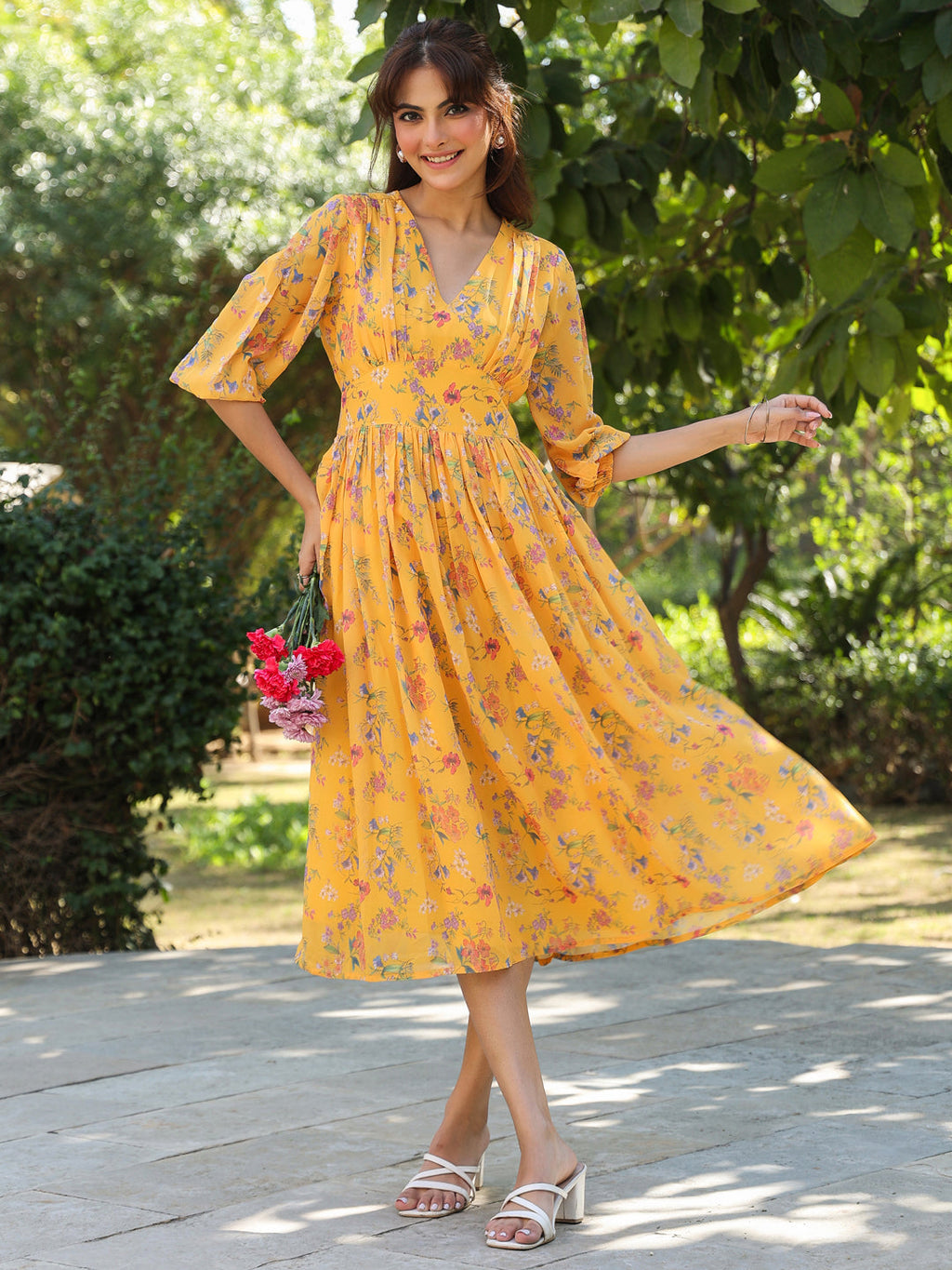 Janasya Bright Georgette Floral Gathered Dress - Distacart