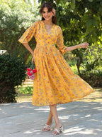 Janasya Bright Georgette Floral Gathered Dress - Distacart