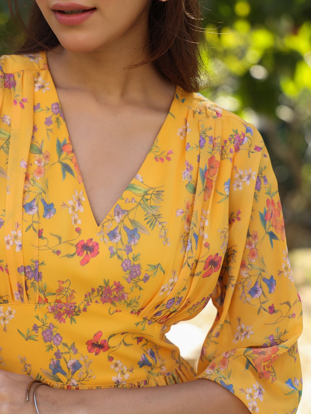 Janasya Bright Georgette Floral Gathered Dress - Distacart