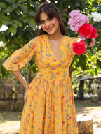 Janasya Bright Georgette Floral Gathered Dress - Distacart