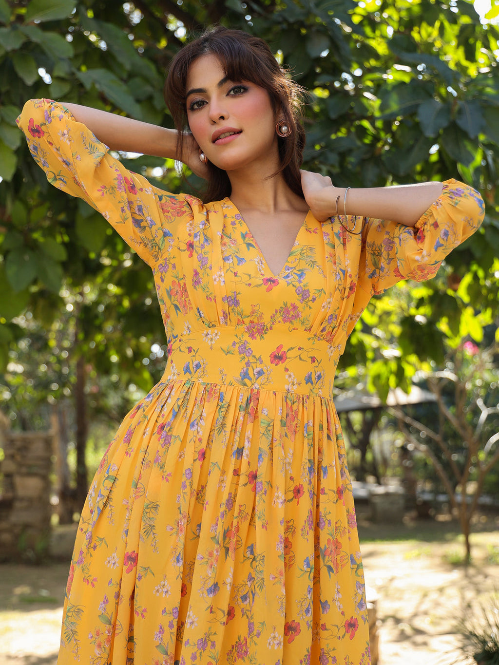 Janasya Bright Georgette Floral Gathered Dress - Distacart