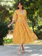 Janasya Bright Georgette Floral Gathered Dress - Distacart