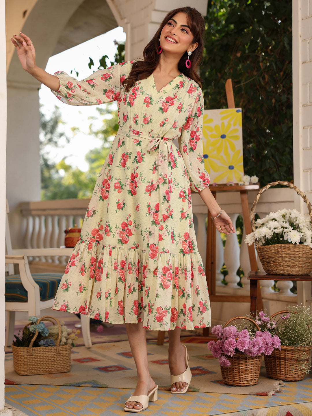 Janasya Bright Georgette Floral Fit & Flare Dress - Distacart