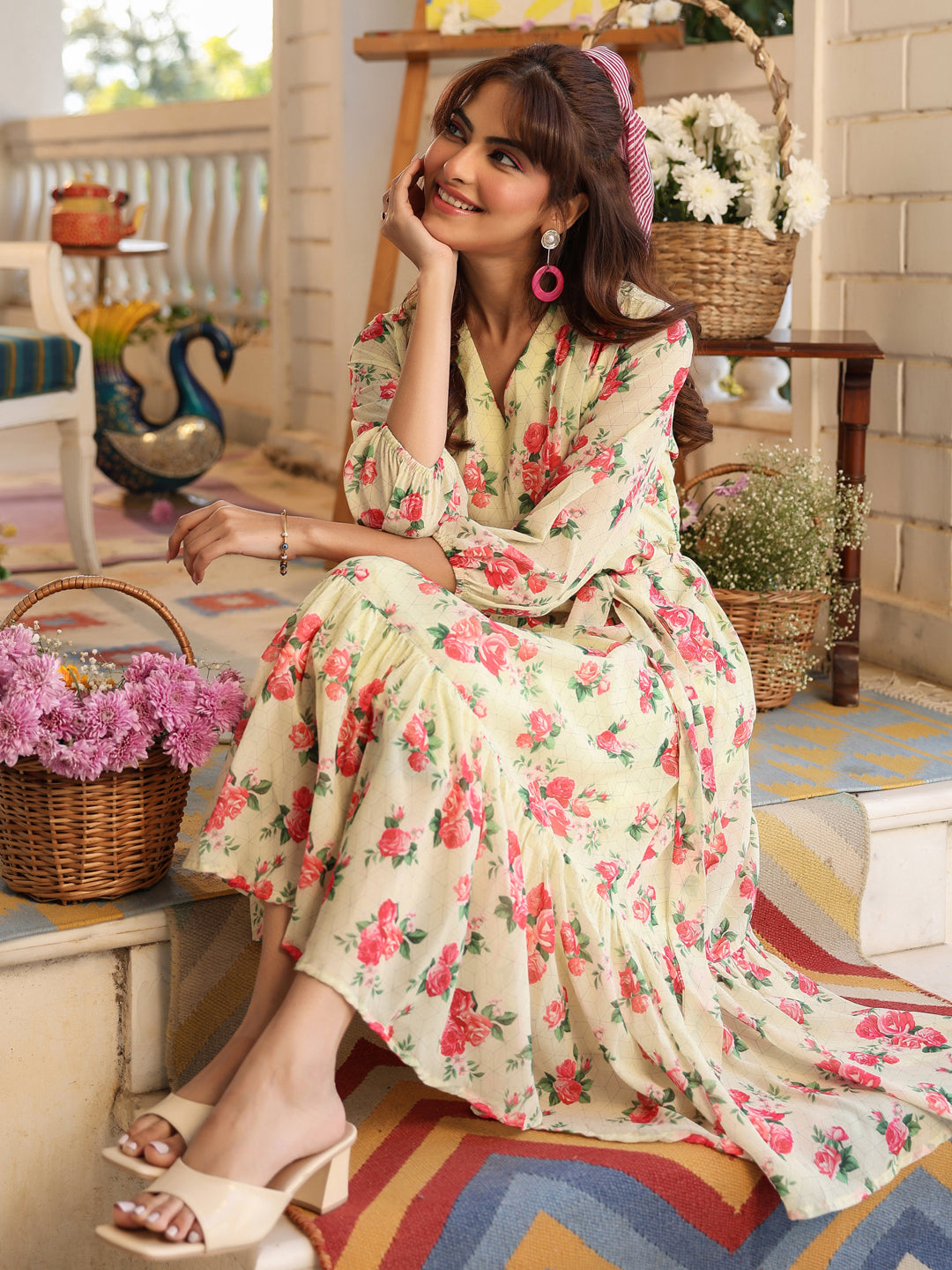 Janasya Bright Georgette Floral Fit & Flare Dress - Distacart