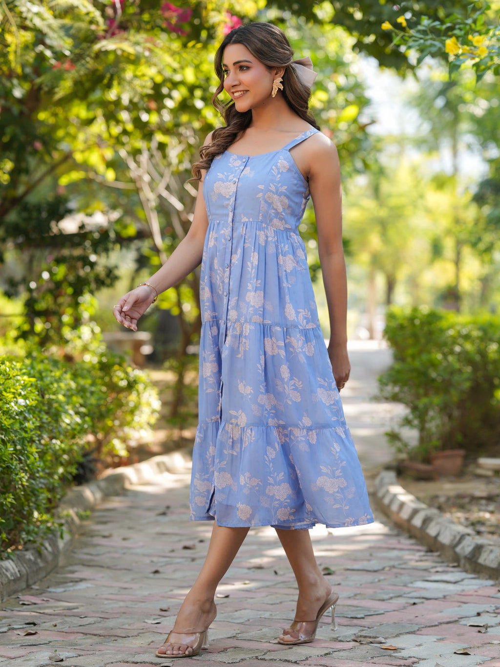Janasya Bright Georgette Floral Tiered Dress - Distacart