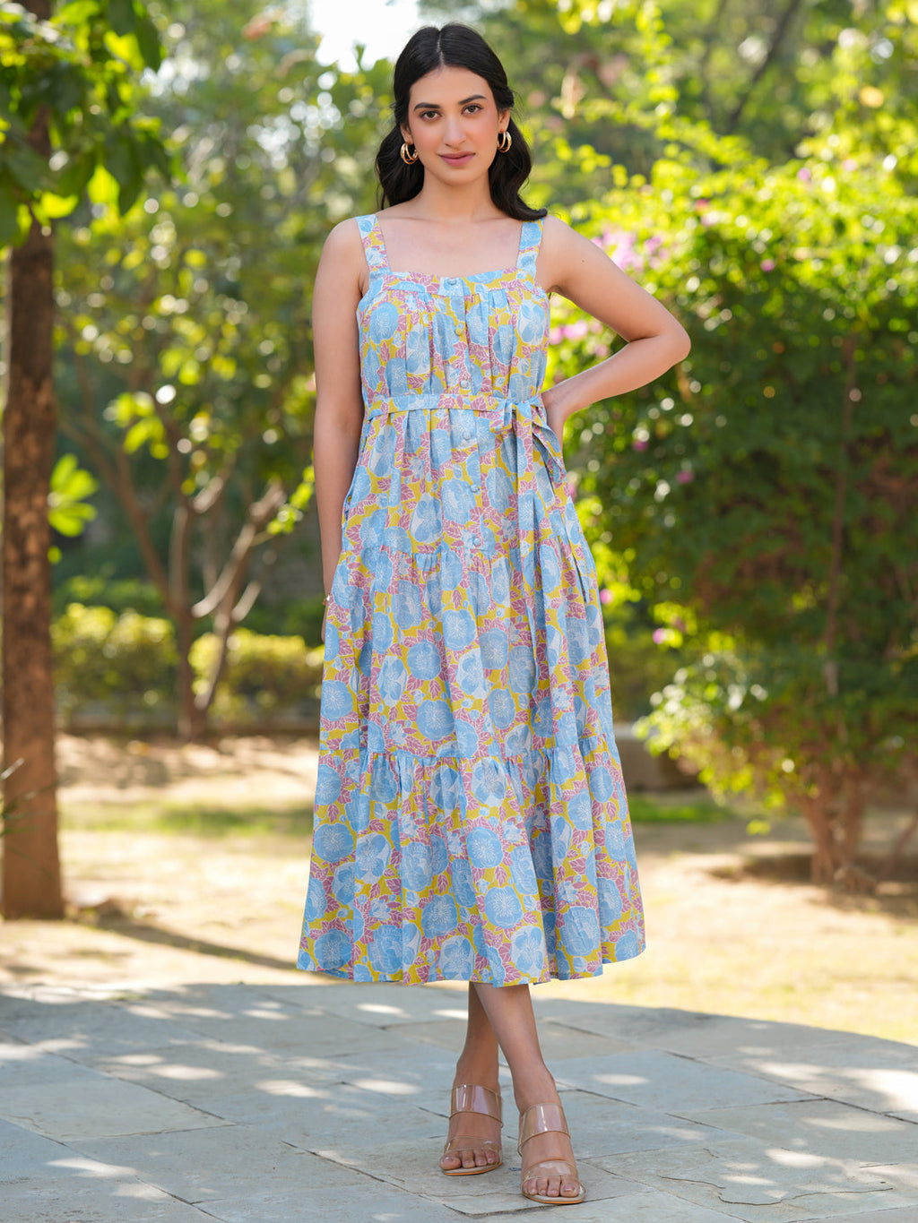 Janasya Light Cotton Floral Tiered Dress - Distacart