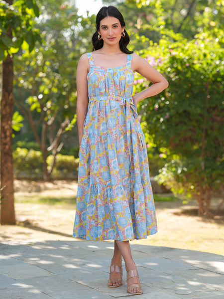 Janasya Light Cotton Floral Tiered Dress
