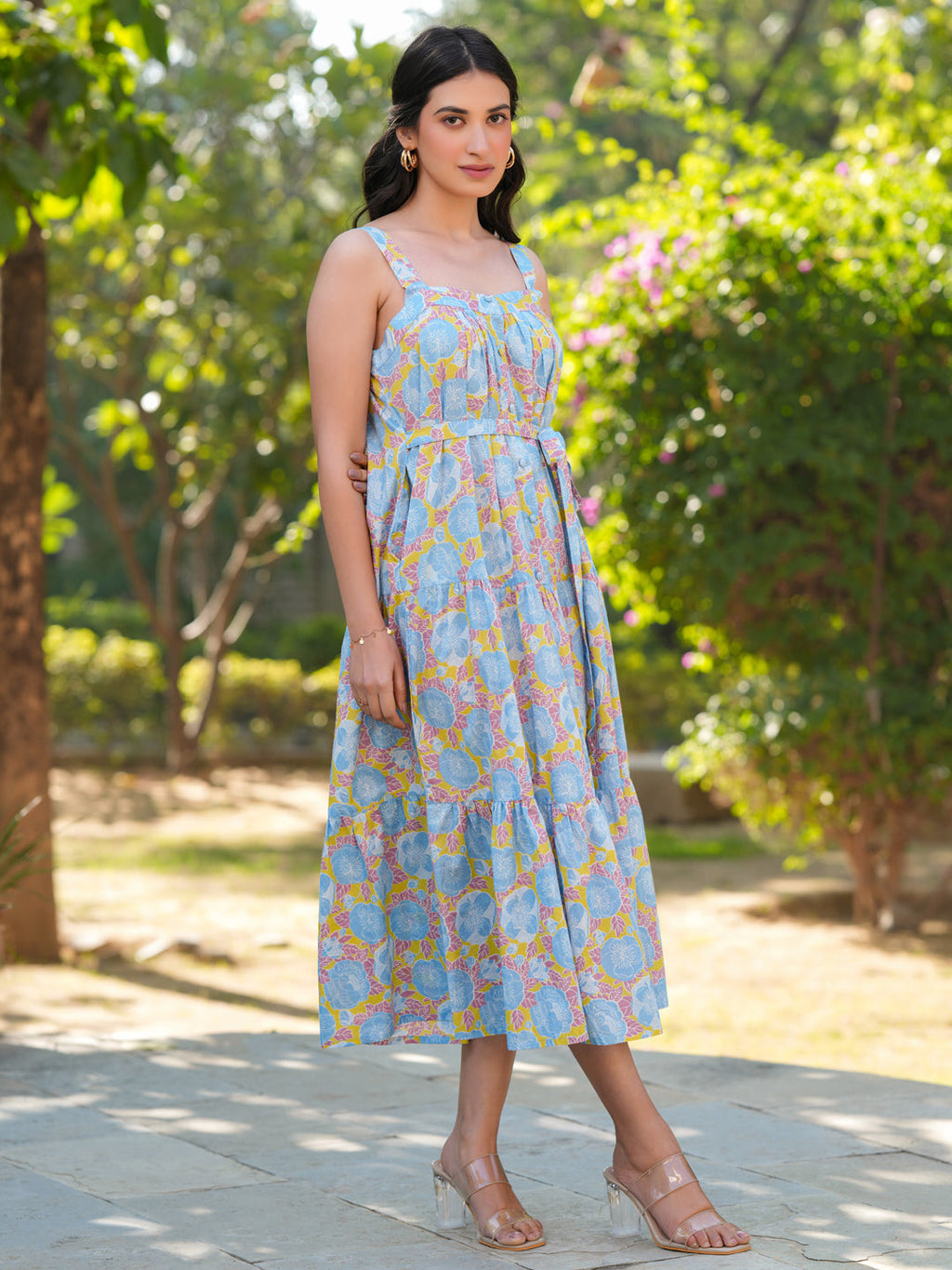 Janasya Light Cotton Floral Tiered Dress - Distacart