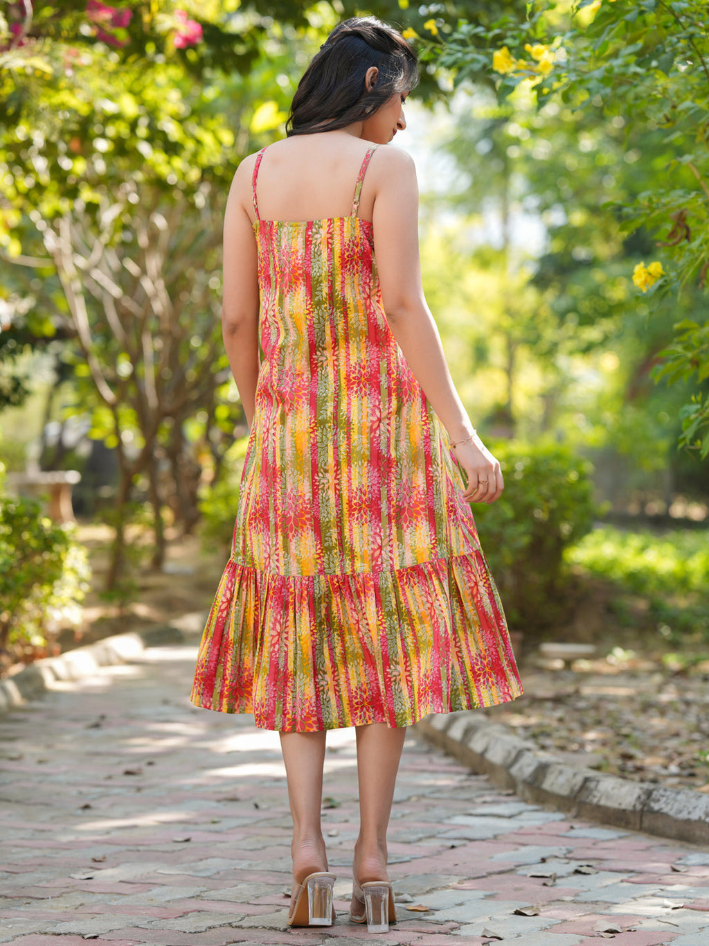 Janasya Bright Cotton Floral Tiered Dress - Distacart