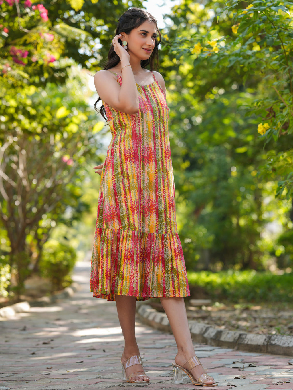 Janasya Bright Cotton Floral Tiered Dress - Distacart