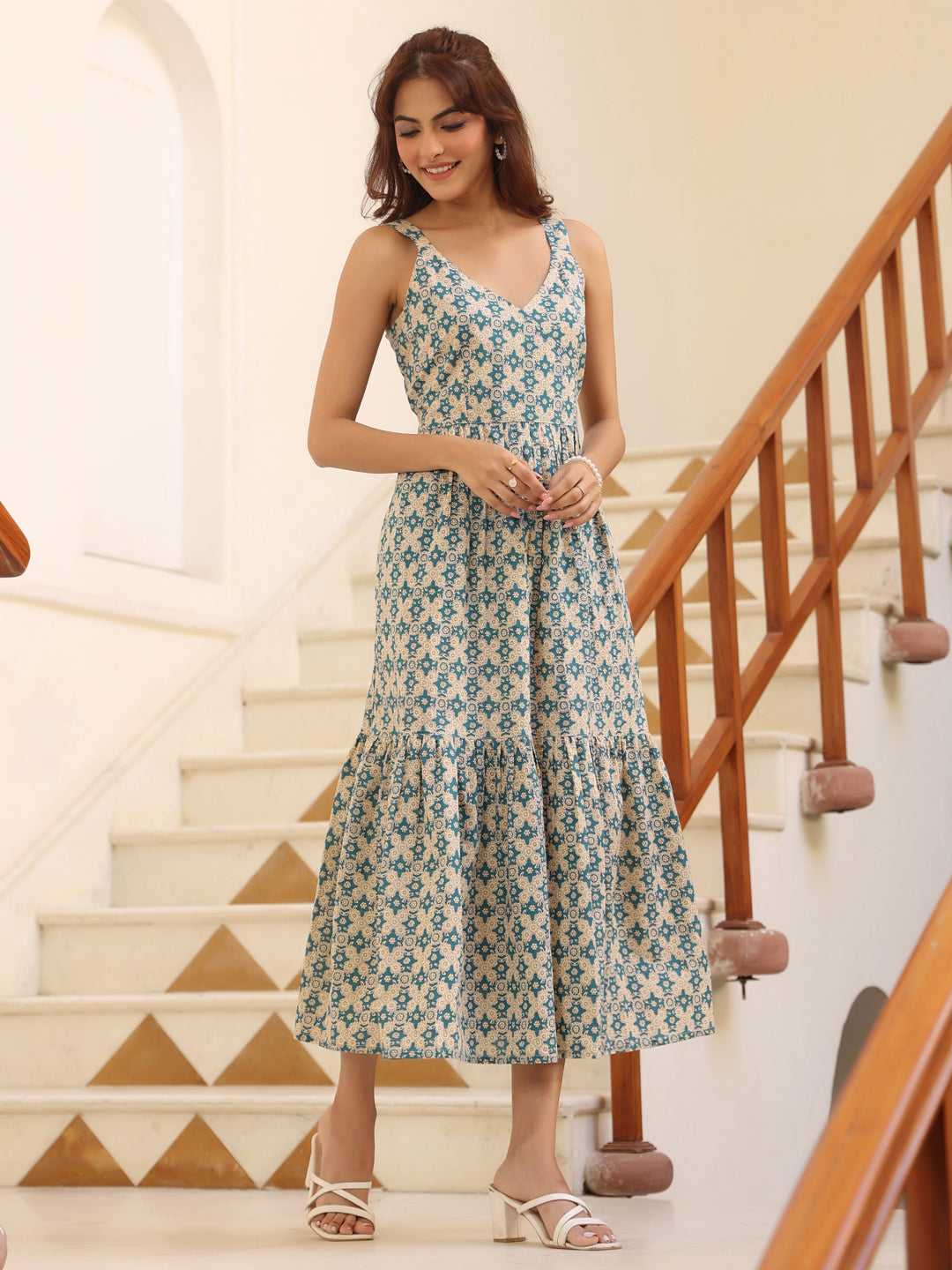 Janasya Light Cotton Ethnic Motifs Tiered Dress - Distacart