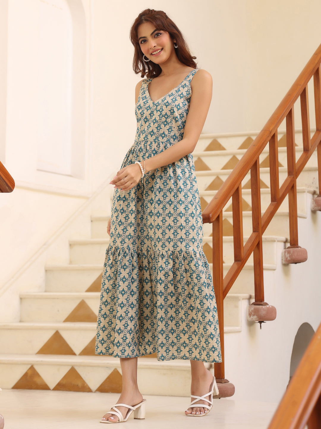 Janasya Light Cotton Ethnic Motifs Tiered Dress - Distacart