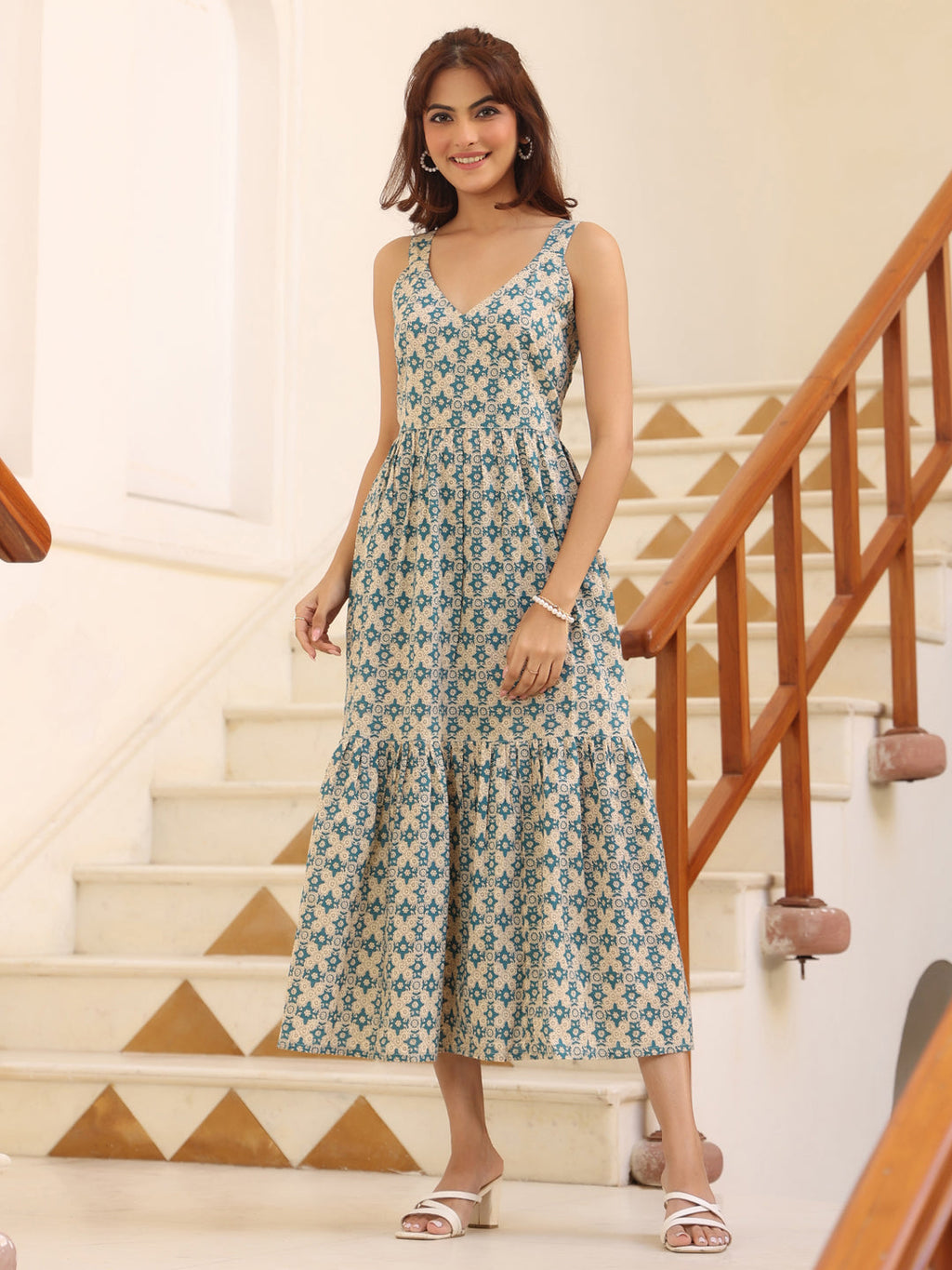 Janasya Light Cotton Ethnic Motifs Tiered Dress - Distacart