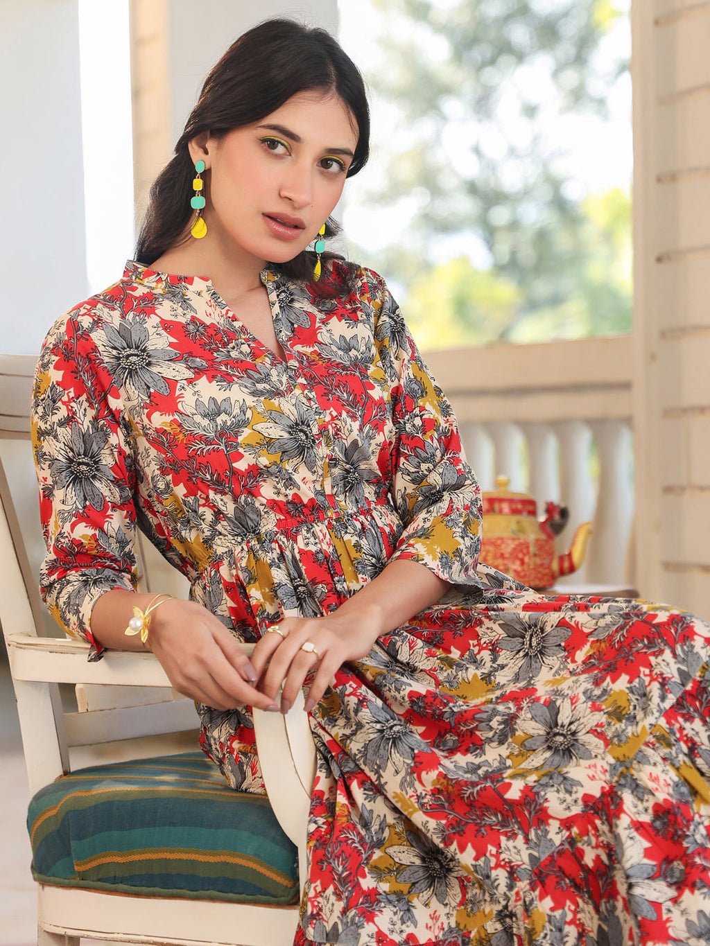 Janasya Dark Cotton Floral Tiered Dress - Distacart
