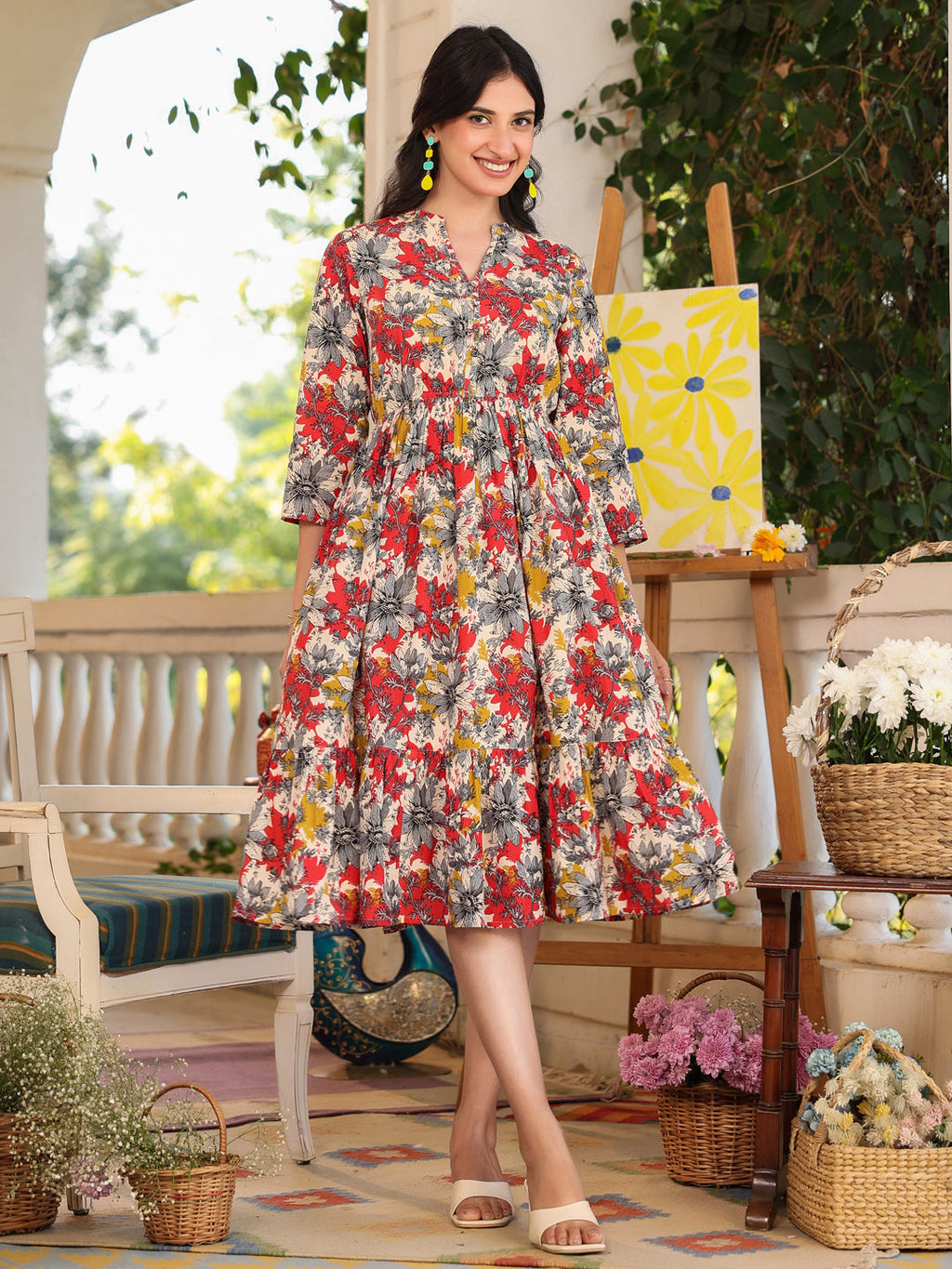 Janasya Dark Cotton Floral Tiered Dress - Distacart