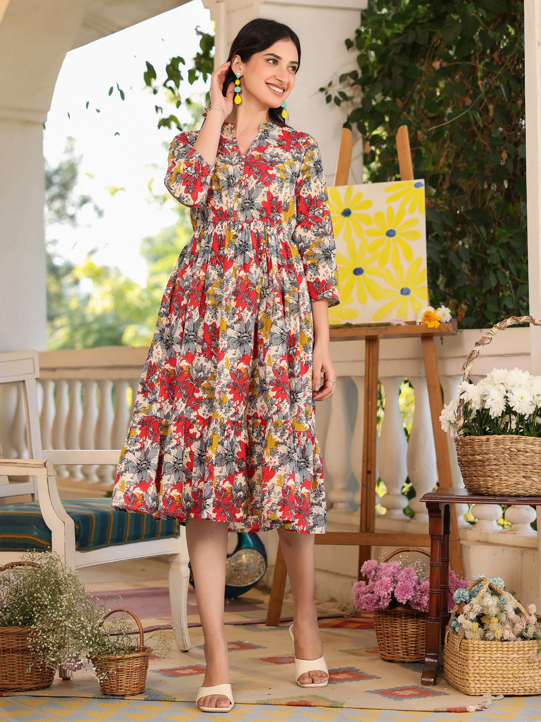Janasya Dark Cotton Floral Tiered Dress - Distacart