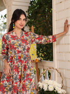 Janasya Dark Cotton Floral Tiered Dress - Distacart