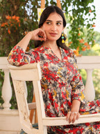 Janasya Dark Cotton Floral Tiered Dress - Distacart