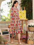 Janasya Dark Cotton Floral Tiered Dress - Distacart