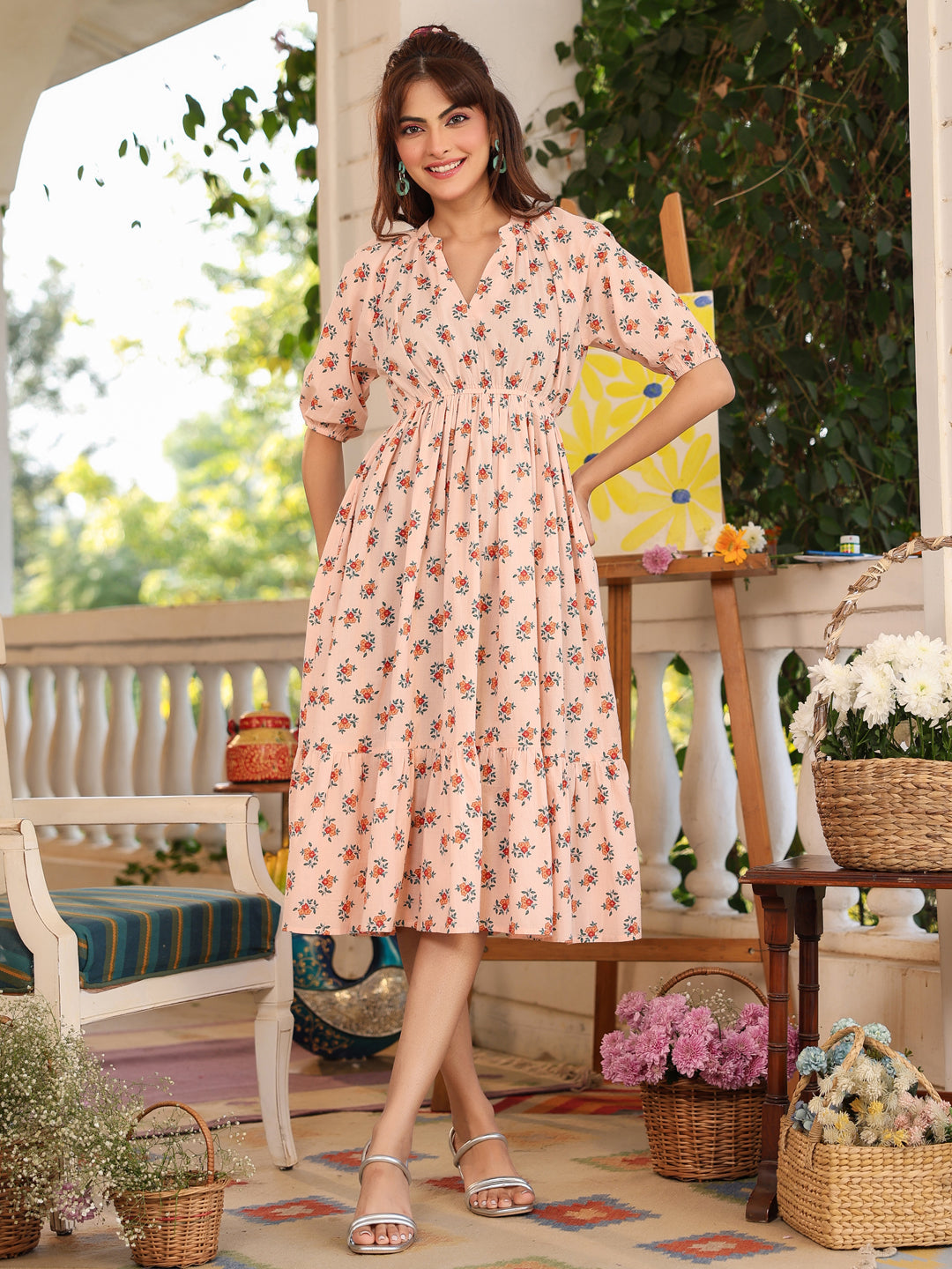 Janasya Light Cotton Floral Tiered Dress - Distacart