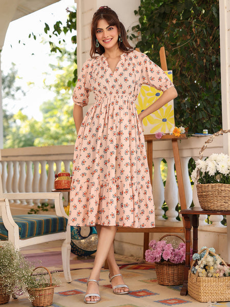 Janasya Light Cotton Floral Tiered Dress