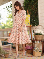Janasya Light Cotton Floral Tiered Dress - Distacart