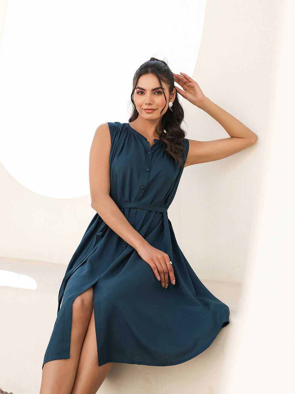 Janasya Dark Rayon Solid A-Line Dress - Distacart