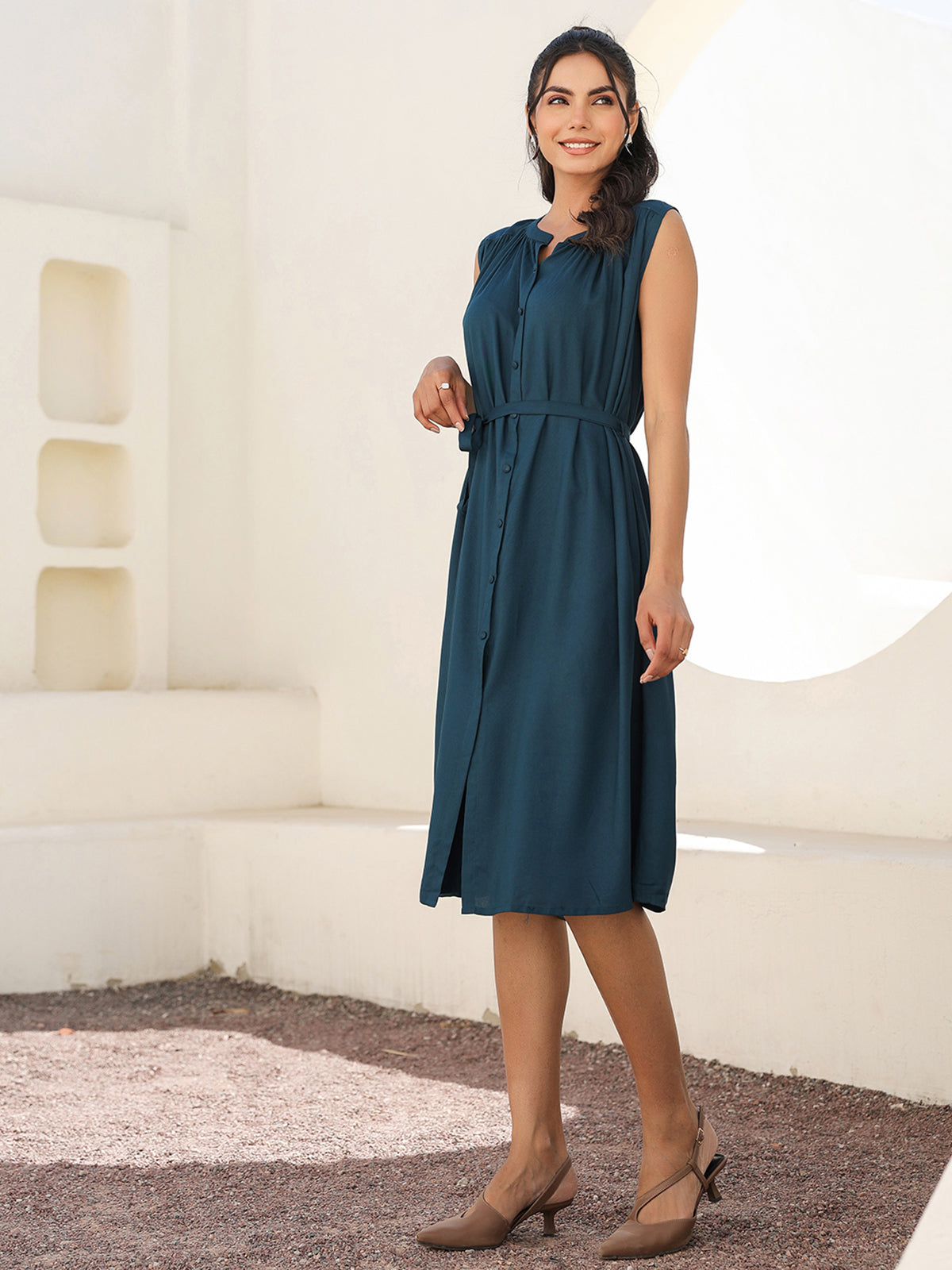 Janasya Dark Rayon Solid A-Line Dress - Distacart
