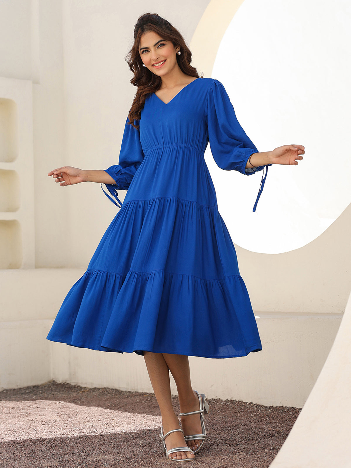 Janasya Bright Rayon Solid Tiered Dress - Distacart