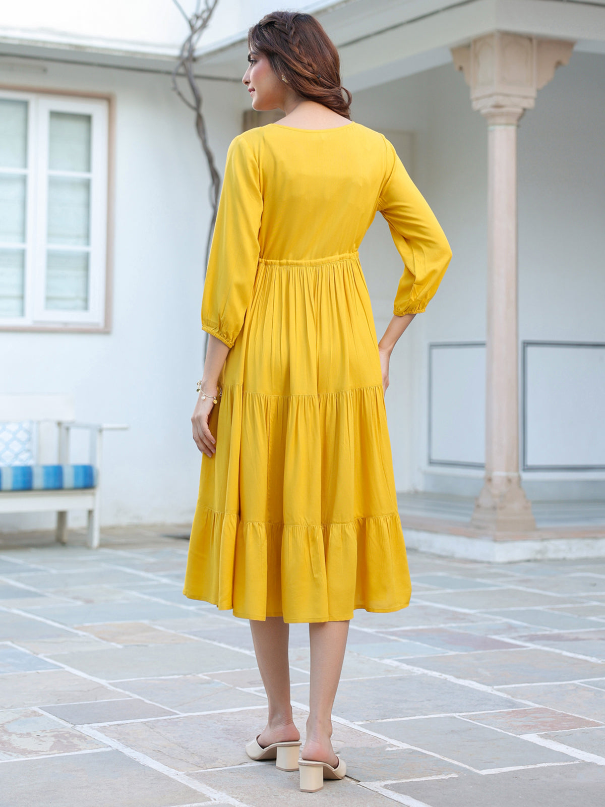Janasya Bright Rayon Solid Tiered Dress - Distacart