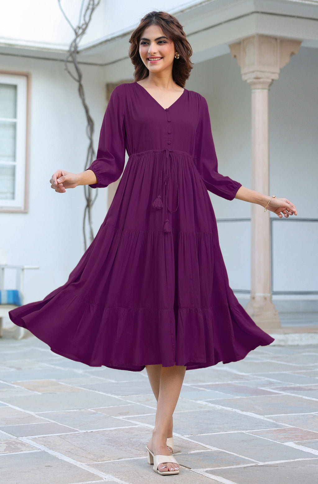 Janasya Dark Rayon Solid Tiered Dress - Distacart