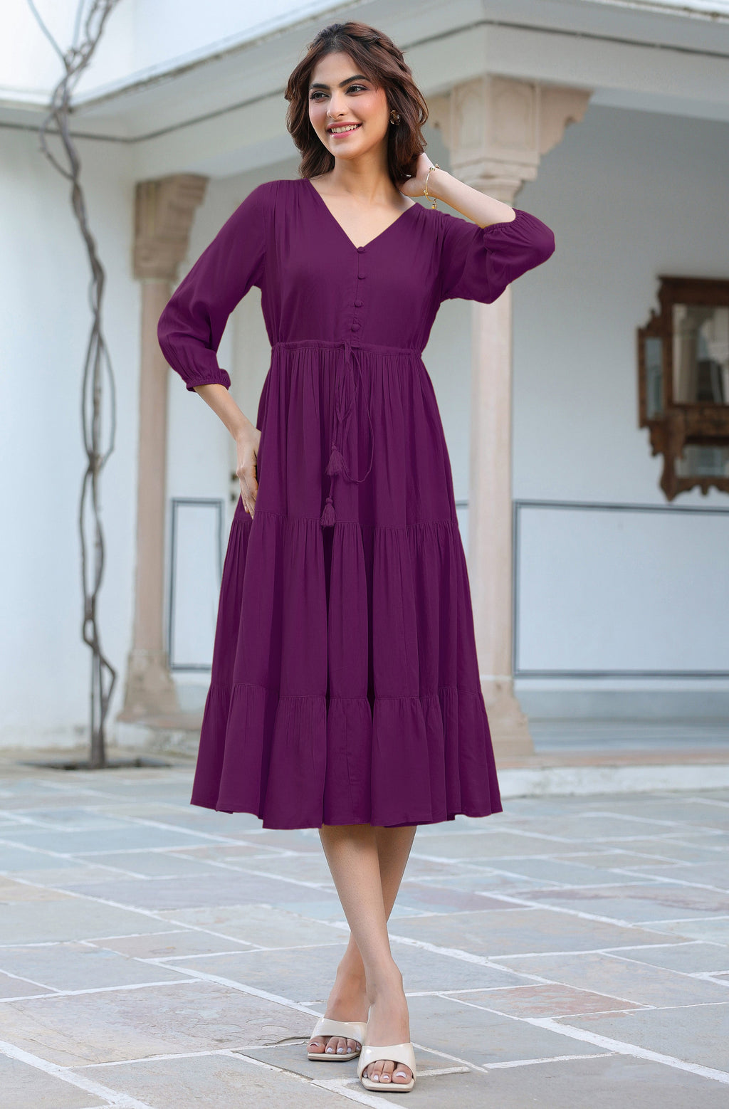 Janasya Dark Rayon Solid Tiered Dress - Distacart