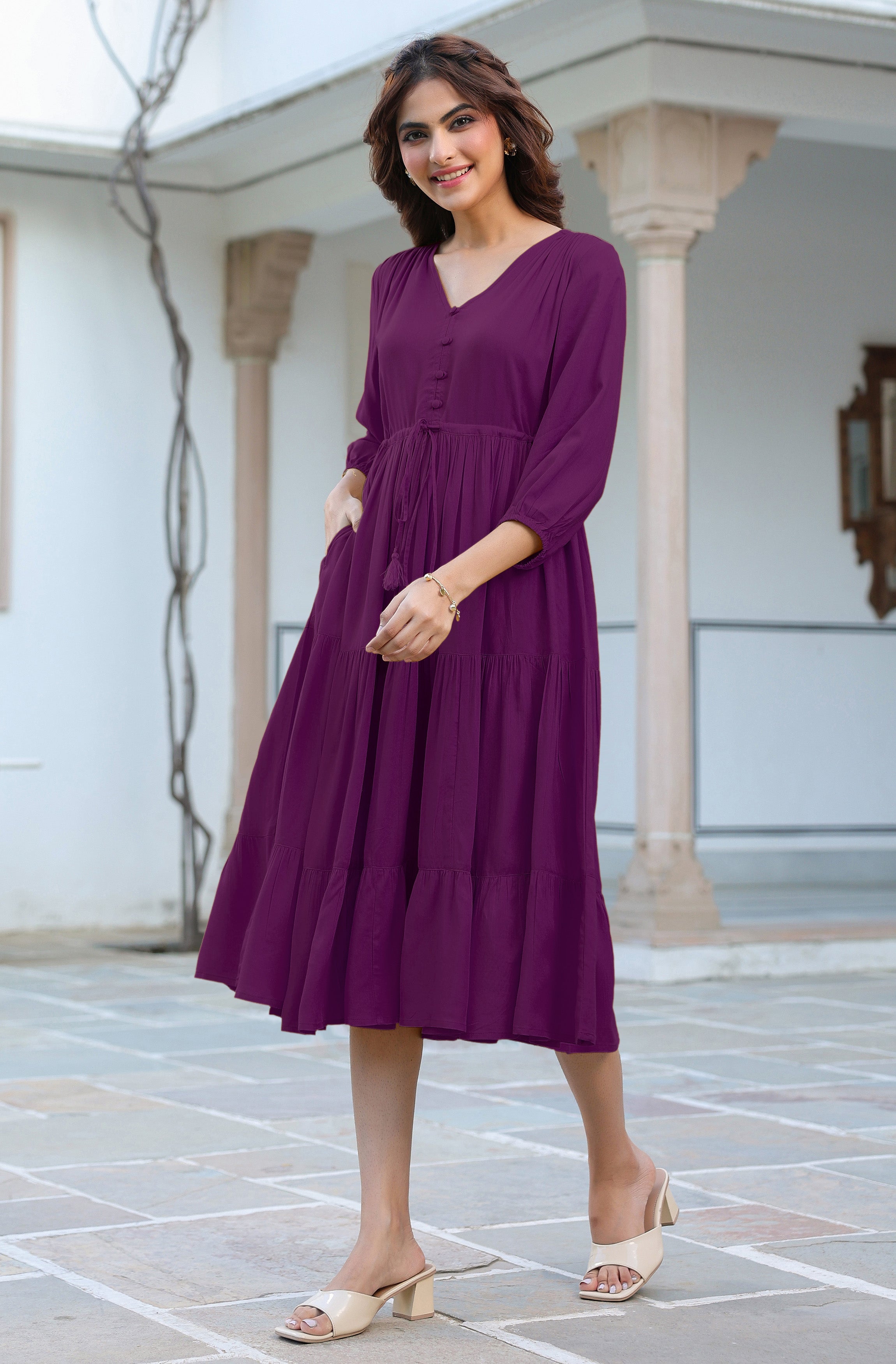 Janasya Dark Rayon Solid Tiered Dress - Distacart