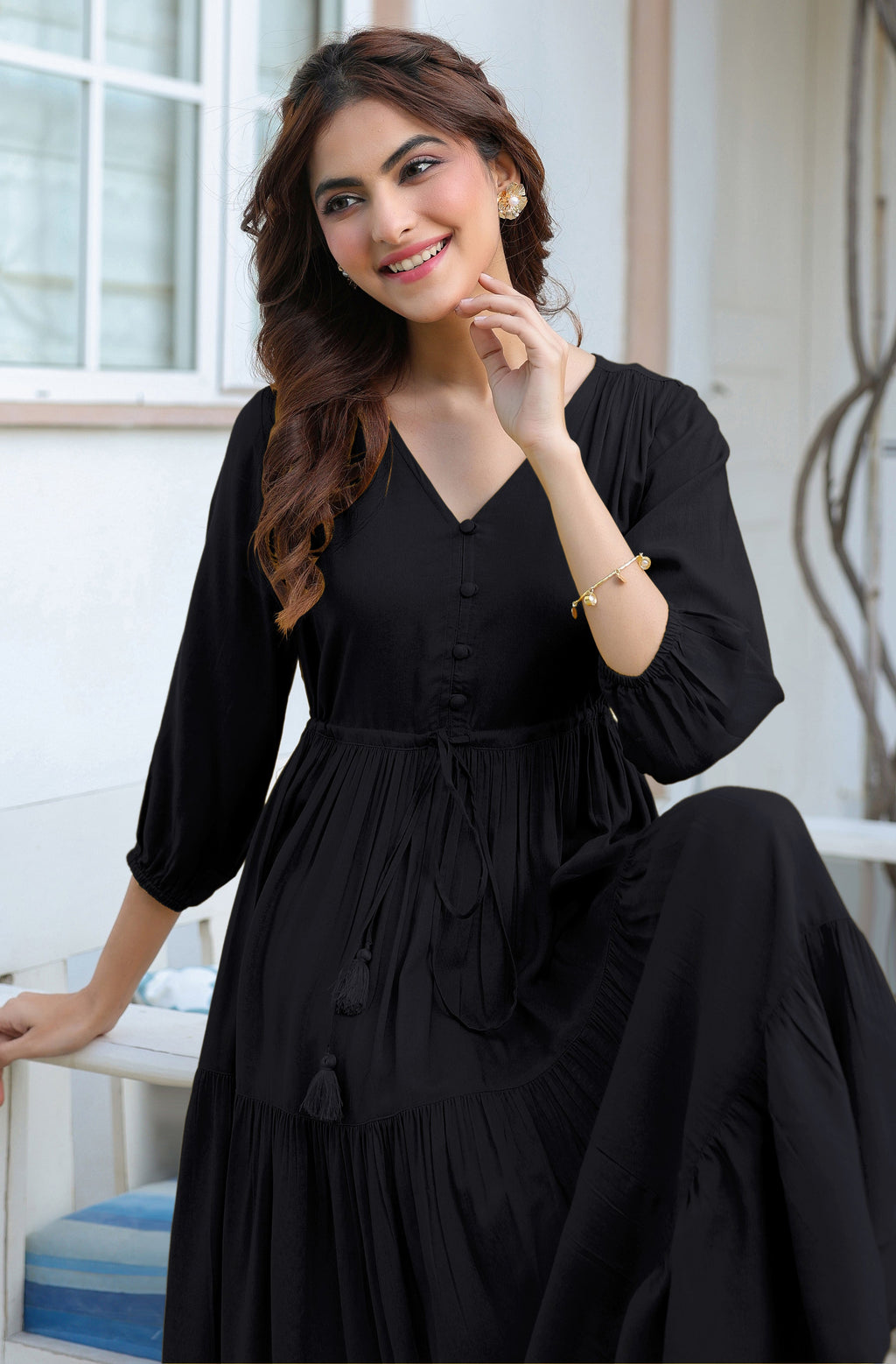 Janasya Dark Rayon Solid Tiered Dress - Distacart