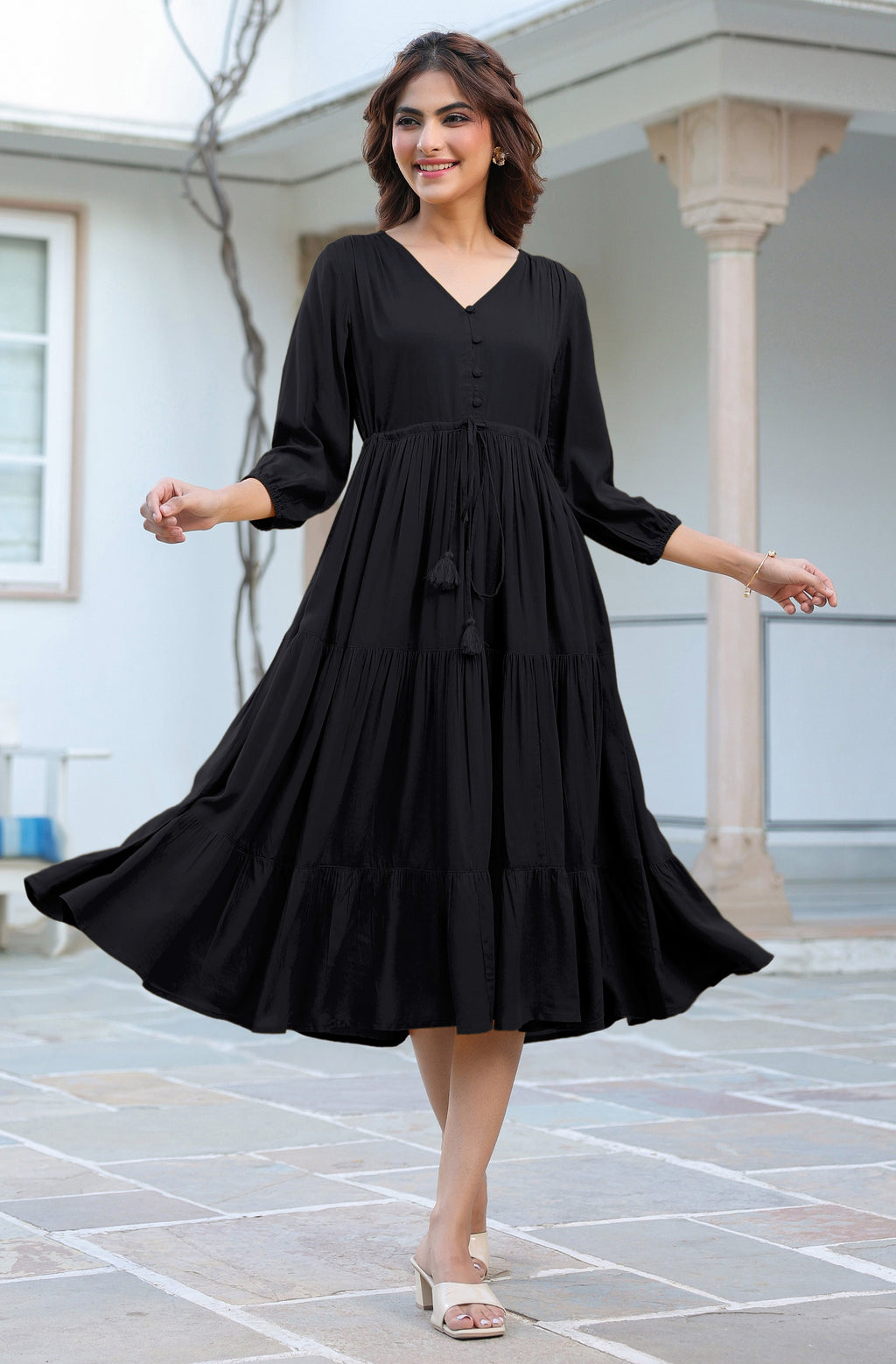 Janasya Dark Rayon Solid Tiered Dress - Distacart