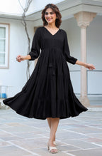 Janasya Dark Rayon Solid Tiered Dress - Distacart